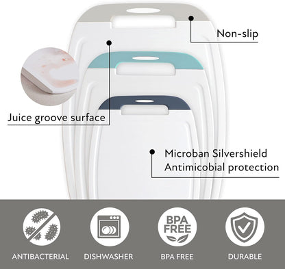 Microban Antimicrobial Plastic Cutting Board 3 Sets, BPA Free, Non-Slip EZ Grip Handle, Dishwasher Safe, Stain & Odor Free, Reversible Board, Larger Juice Groove, Multicolor