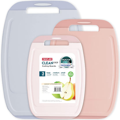 Microban Antimicrobial Plastic Cutting Board 3 Sets, BPA Free, Non-Slip EZ Grip Handle, Dishwasher Safe, Stain & Odor Free, Reversible Board, Larger Juice Groove, Multicolor