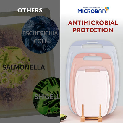 Microban Antimicrobial Plastic Cutting Board 3 Sets, BPA Free, Non-Slip EZ Grip Handle, Dishwasher Safe, Stain & Odor Free, Reversible Board, Larger Juice Groove, Multicolor