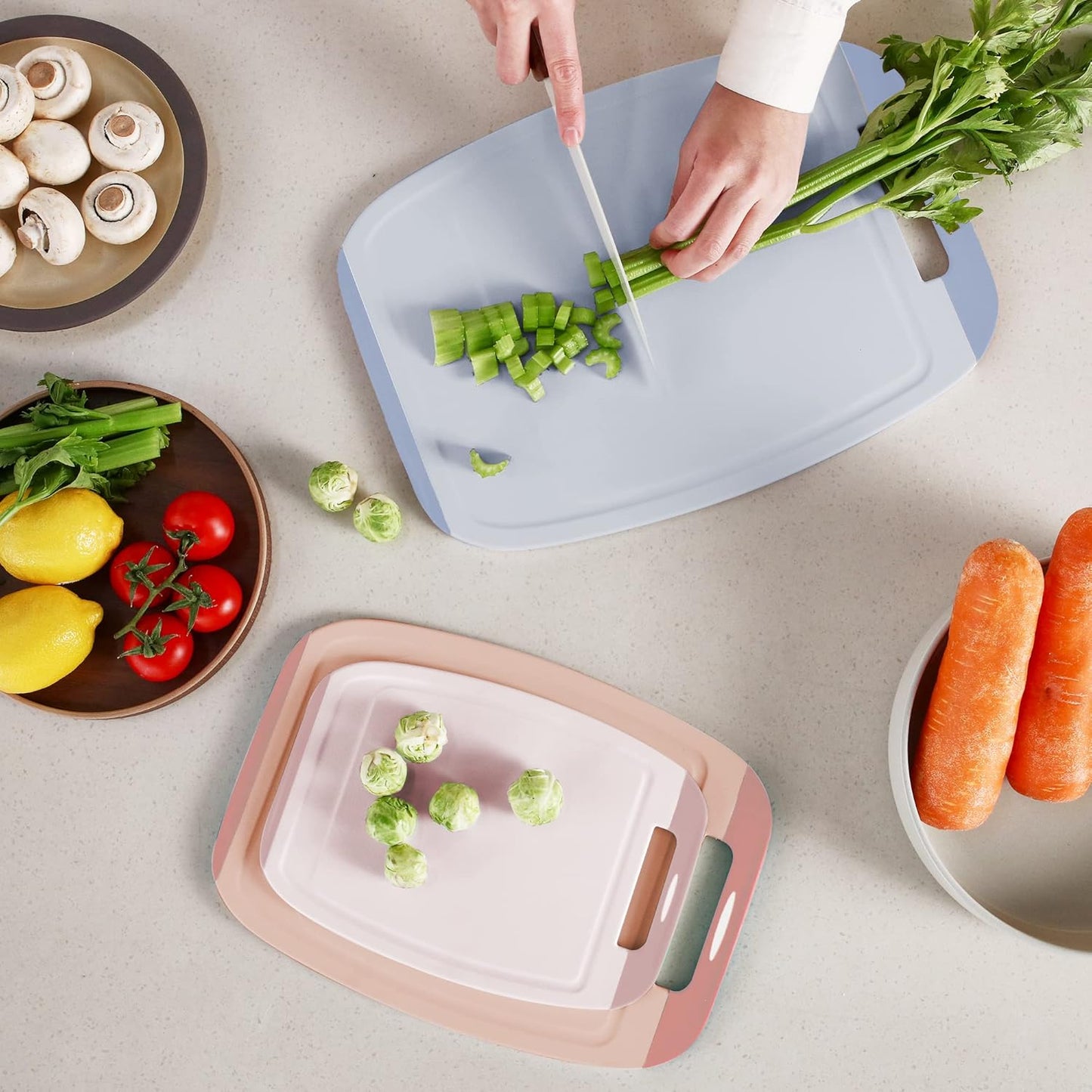 Microban Antimicrobial Plastic Cutting Board 3 Sets, BPA Free, Non-Slip EZ Grip Handle, Dishwasher Safe, Stain & Odor Free, Reversible Board, Larger Juice Groove, Multicolor