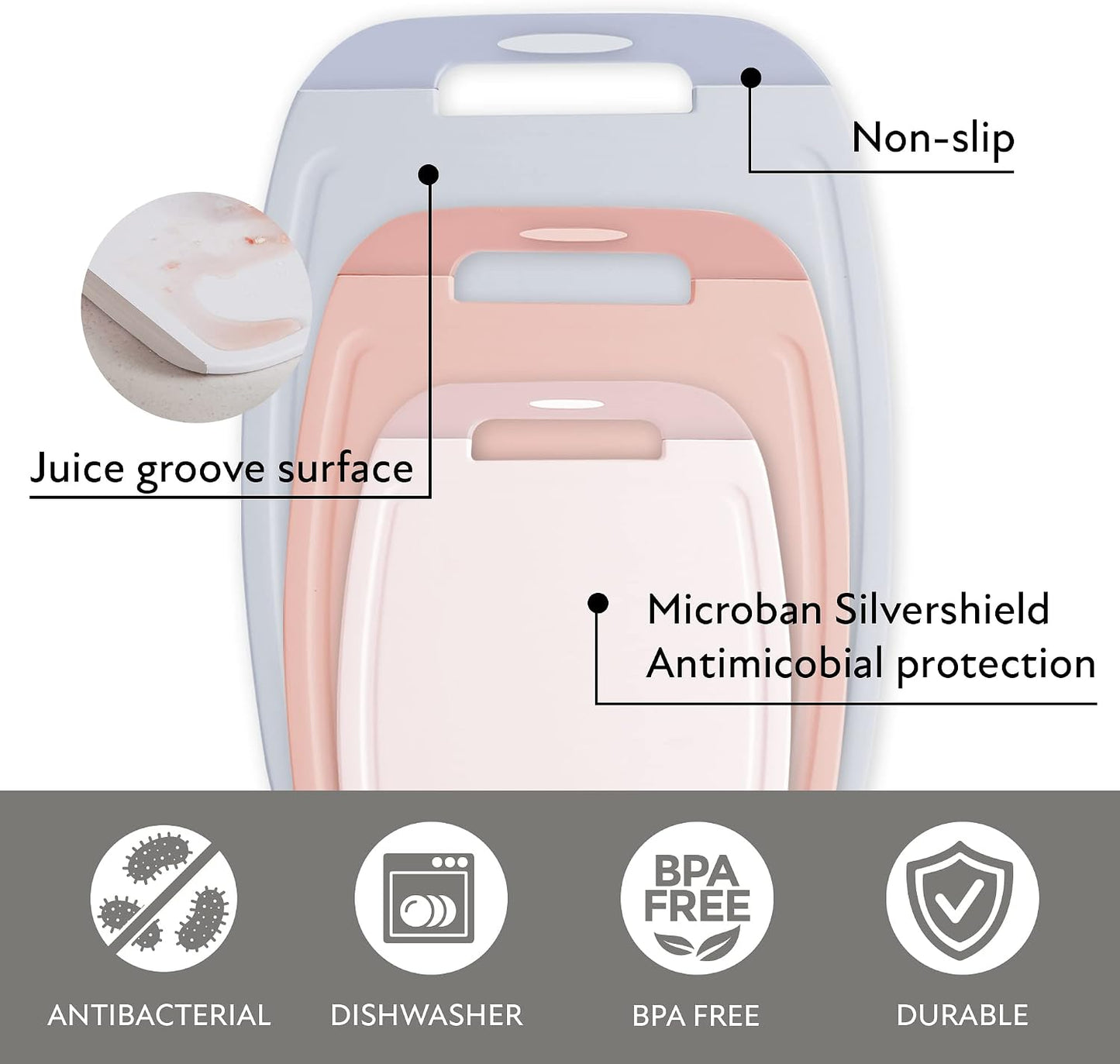 Microban Antimicrobial Plastic Cutting Board 3 Sets, BPA Free, Non-Slip EZ Grip Handle, Dishwasher Safe, Stain & Odor Free, Reversible Board, Larger Juice Groove, Multicolor