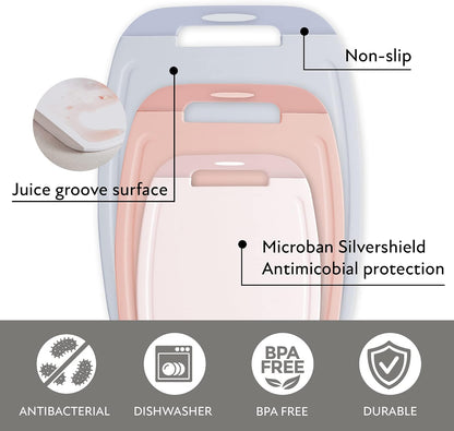 Microban Antimicrobial Plastic Cutting Board 3 Sets, BPA Free, Non-Slip EZ Grip Handle, Dishwasher Safe, Stain & Odor Free, Reversible Board, Larger Juice Groove, Multicolor