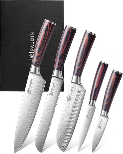 Knife Set, 5PCS Kitchen Knife Set without Block, Stainless Steel Chef Knife Set with Pakkawood Handle, Professional Kitchen Gift Sets for Cooking Lovers & Farther's Day