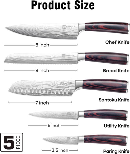 Knife Set, 5PCS Kitchen Knife Set without Block, Stainless Steel Chef Knife Set with Pakkawood Handle, Professional Kitchen Gift Sets for Cooking Lovers & Farther's Day