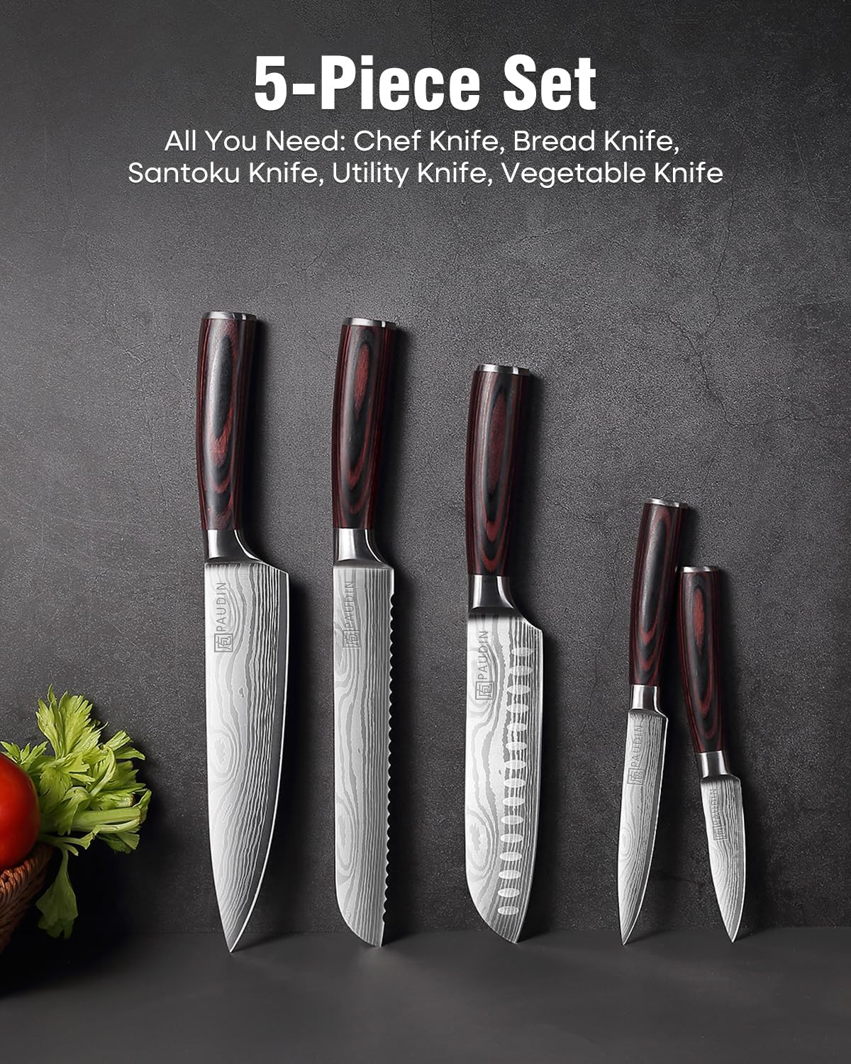 Knife Set, 5PCS Kitchen Knife Set without Block, Stainless Steel Chef Knife Set with Pakkawood Handle, Professional Kitchen Gift Sets for Cooking Lovers & Farther's Day