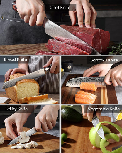 Knife Set, 5PCS Kitchen Knife Set without Block, Stainless Steel Chef Knife Set with Pakkawood Handle, Professional Kitchen Gift Sets for Cooking Lovers & Farther's Day
