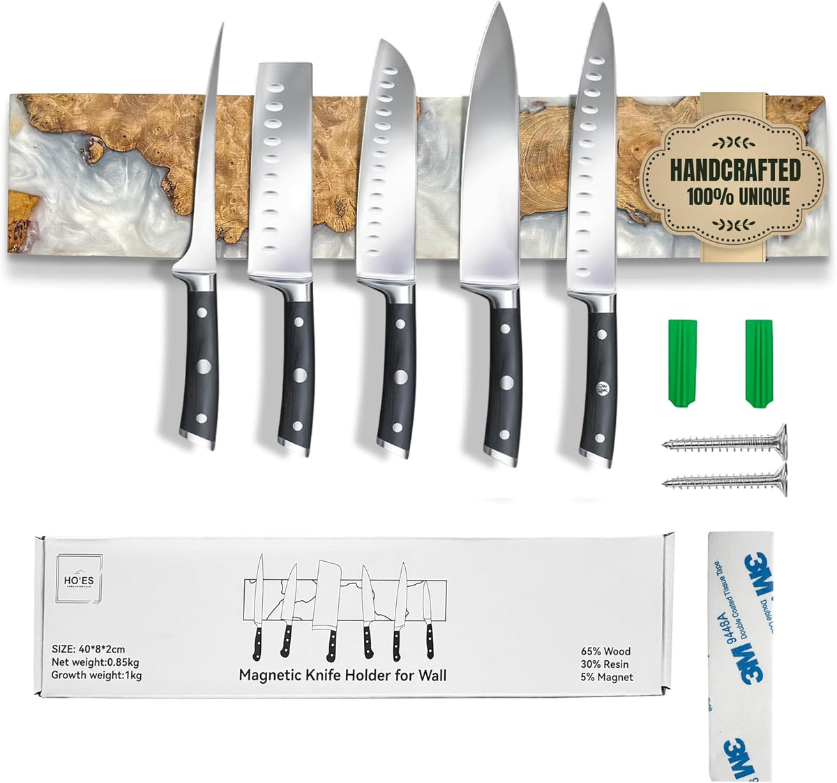 Magnetic Knife Holder for Wall 16 Inch |Premium Wood & Red and Grey Resin| Epoxy Knife Magnetic Strip, Kitchen Knife Block Holder with Strong Magnet, Space-Saving, Handcrafted Style & Easy to Install