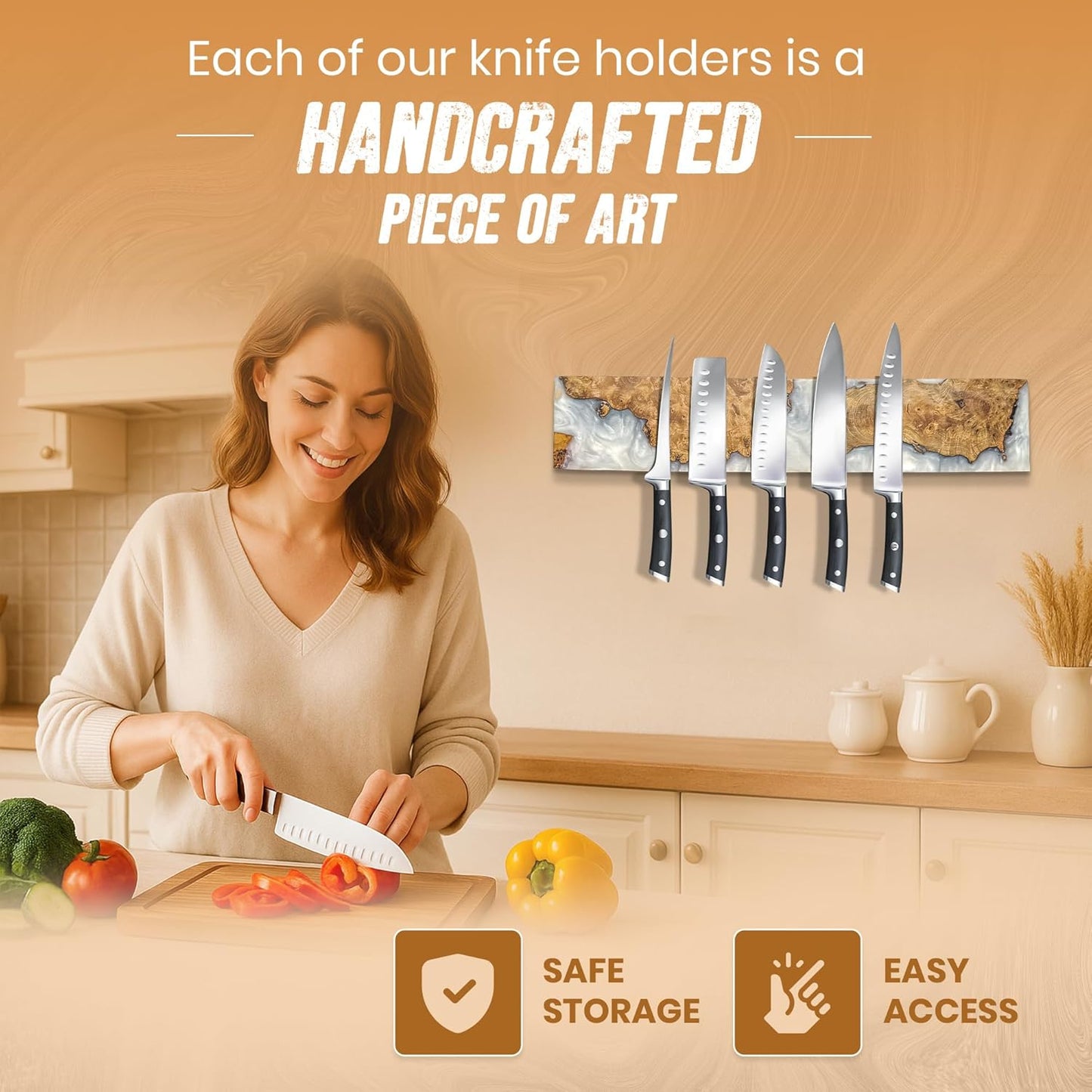 Magnetic Knife Holder for Wall 16 Inch |Premium Wood & Red and Grey Resin| Epoxy Knife Magnetic Strip, Kitchen Knife Block Holder with Strong Magnet, Space-Saving, Handcrafted Style & Easy to Install