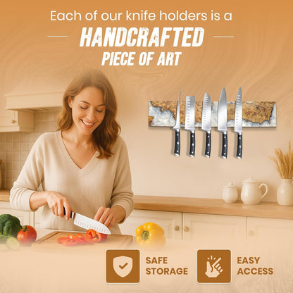 Magnetic Knife Holder for Wall 16 Inch |Premium Wood & Red and Grey Resin| Epoxy Knife Magnetic Strip, Kitchen Knife Block Holder with Strong Magnet, Space-Saving, Handcrafted Style & Easy to Install