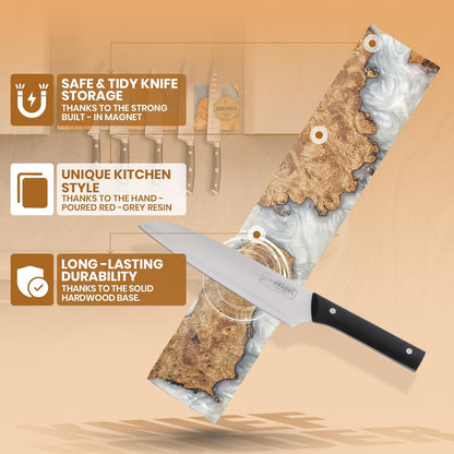 Magnetic Knife Holder for Wall 16 Inch |Premium Wood & Red and Grey Resin| Epoxy Knife Magnetic Strip, Kitchen Knife Block Holder with Strong Magnet, Space-Saving, Handcrafted Style & Easy to Install
