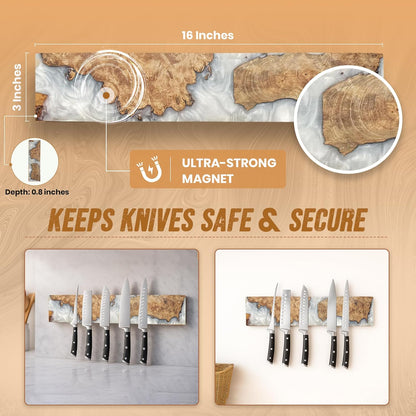 Magnetic Knife Holder for Wall 16 Inch |Premium Wood & Red and Grey Resin| Epoxy Knife Magnetic Strip, Kitchen Knife Block Holder with Strong Magnet, Space-Saving, Handcrafted Style & Easy to Install