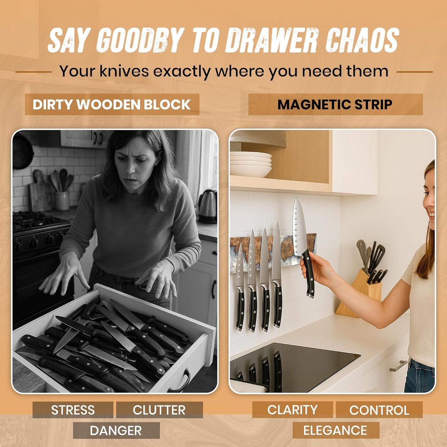 Magnetic Knife Holder for Wall 16 Inch |Premium Wood & Red and Grey Resin| Epoxy Knife Magnetic Strip, Kitchen Knife Block Holder with Strong Magnet, Space-Saving, Handcrafted Style & Easy to Install