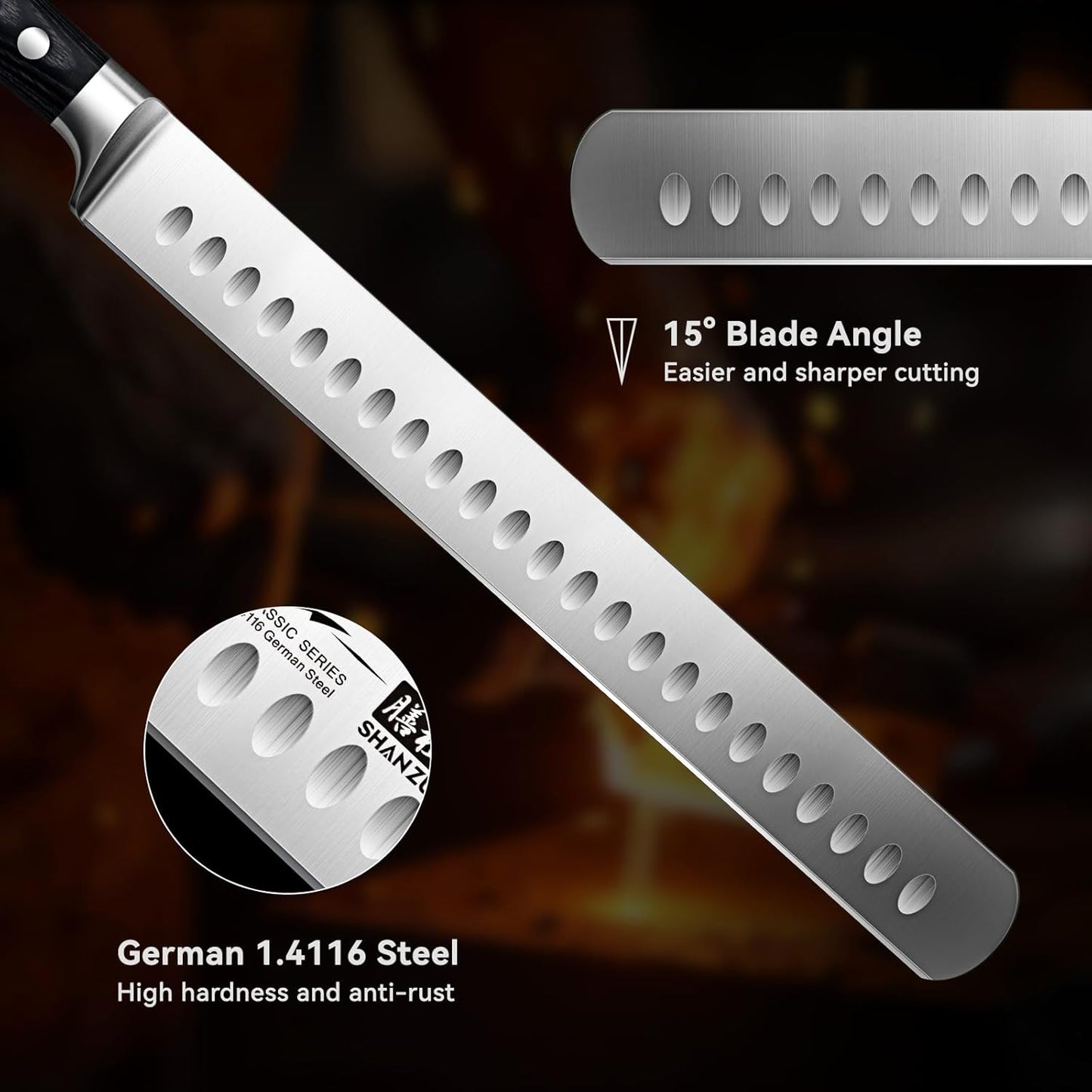 12" Brisket Slicing Knife - Carving Slicing Meat Knive in Wood Handle | For Brisket, Turkey, Meat, 5Cr15MoV Stainless Steel, Full Tang, Ergonomic Wood Handle, Razor Sharp, Gift Box Included