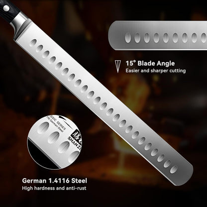 12" Brisket Slicing Knife - Carving Slicing Meat Knive in Wood Handle | For Brisket, Turkey, Meat, 5Cr15MoV Stainless Steel, Full Tang, Ergonomic Wood Handle, Razor Sharp, Gift Box Included