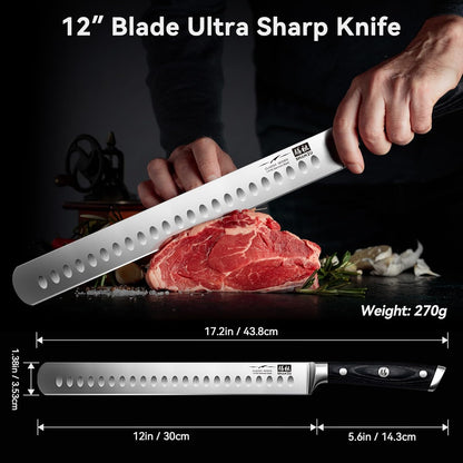 12" Brisket Slicing Knife - Carving Slicing Meat Knive in Wood Handle | For Brisket, Turkey, Meat, 5Cr15MoV Stainless Steel, Full Tang, Ergonomic Wood Handle, Razor Sharp, Gift Box Included