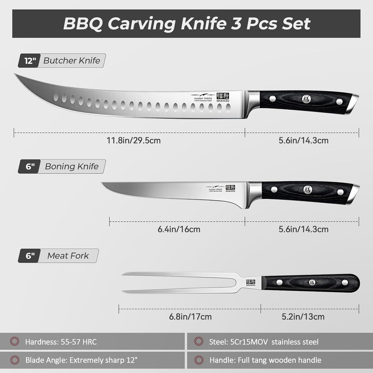 12" Brisket Slicing Knife - Carving Slicing Meat Knive in Wood Handle | For Brisket, Turkey, Meat, 5Cr15MoV Stainless Steel, Full Tang, Ergonomic Wood Handle, Razor Sharp, Gift Box Included