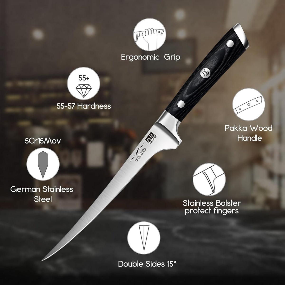 12" Brisket Slicing Knife - Carving Slicing Meat Knive in Wood Handle | For Brisket, Turkey, Meat, 5Cr15MoV Stainless Steel, Full Tang, Ergonomic Wood Handle, Razor Sharp, Gift Box Included