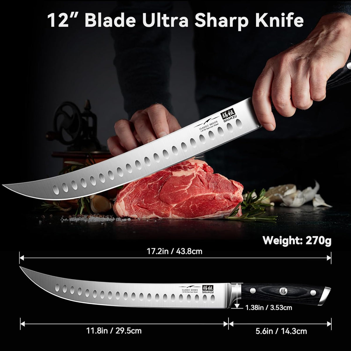 12" Brisket Slicing Knife - Carving Slicing Meat Knive in Wood Handle | For Brisket, Turkey, Meat, 5Cr15MoV Stainless Steel, Full Tang, Ergonomic Wood Handle, Razor Sharp, Gift Box Included
