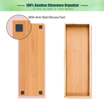 Silverware Drawer Organizer, Utensil Organizer, Bamboo Storage Box Wood Tray for Drawer Set of 2