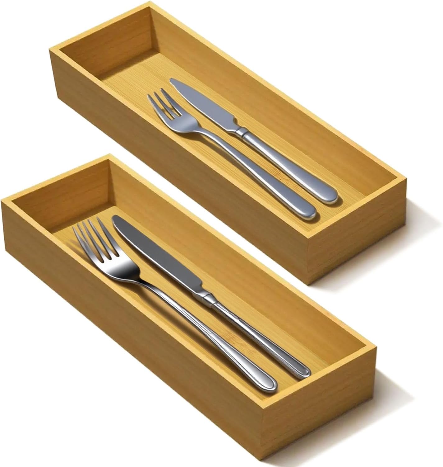 Silverware Drawer Organizer, Utensil Organizer, Bamboo Storage Box Wood Tray for Drawer Set of 2