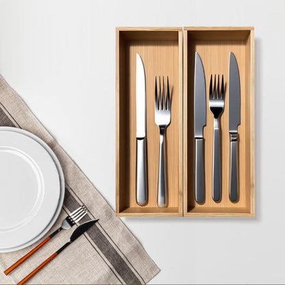 Silverware Drawer Organizer, Utensil Organizer, Bamboo Storage Box Wood Tray for Drawer Set of 2