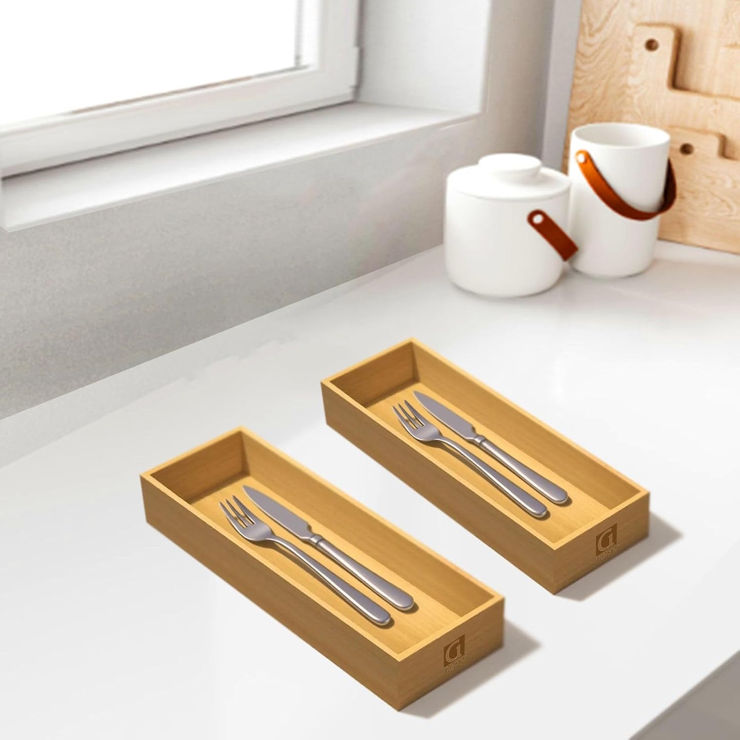 Silverware Drawer Organizer, Utensil Organizer, Bamboo Storage Box Wood Tray for Drawer Set of 2