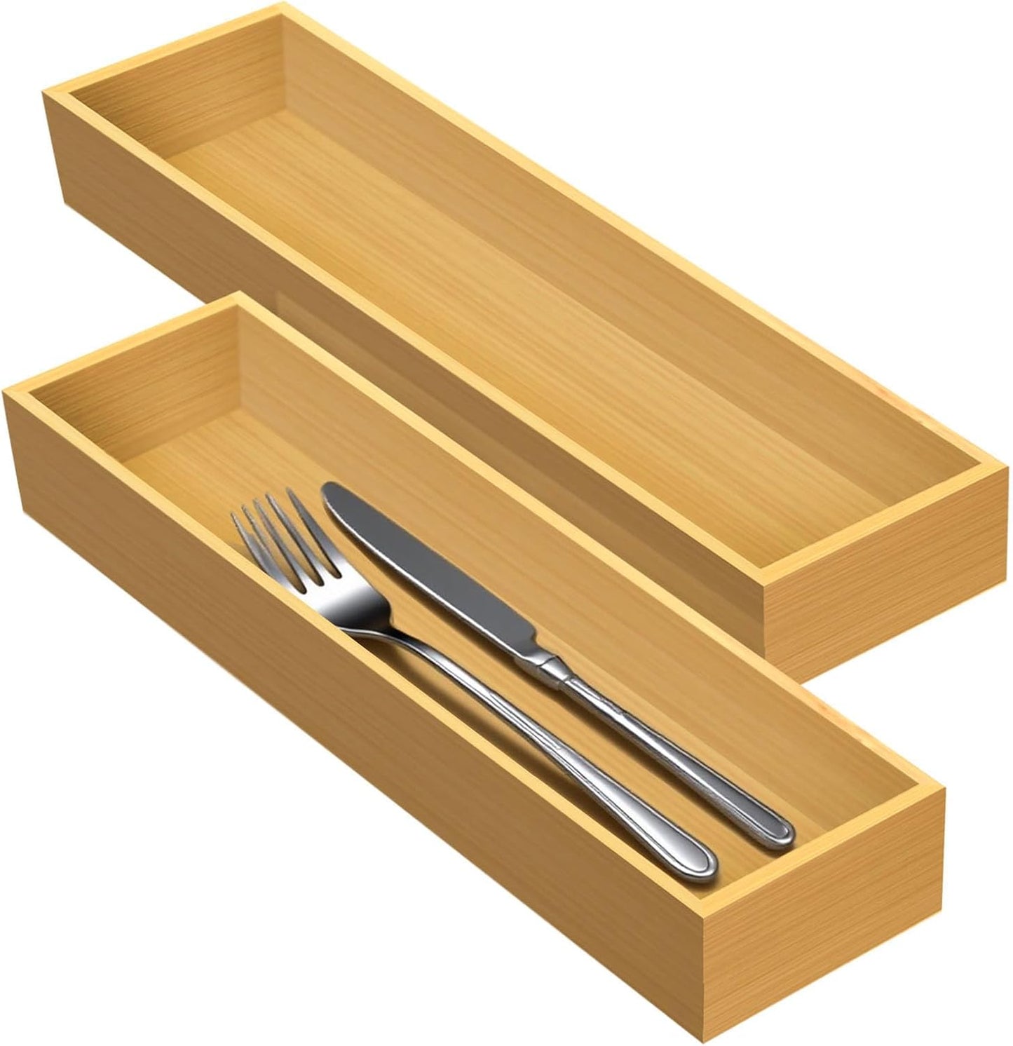 Silverware Drawer Organizer, Utensil Organizer, Bamboo Storage Box Wood Tray for Drawer Set of 2