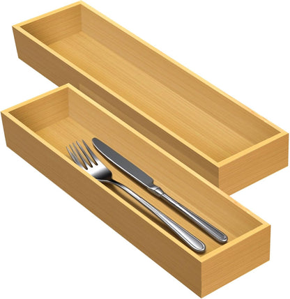 Silverware Drawer Organizer, Utensil Organizer, Bamboo Storage Box Wood Tray for Drawer Set of 2