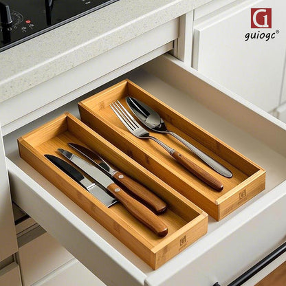 Silverware Drawer Organizer, Utensil Organizer, Bamboo Storage Box Wood Tray for Drawer Set of 2