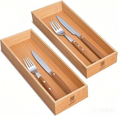 Silverware Drawer Organizer, Utensil Organizer, Bamboo Storage Box Wood Tray for Drawer Set of 2