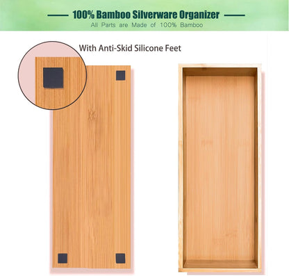 Silverware Drawer Organizer, Utensil Organizer, Bamboo Storage Box Wood Tray for Drawer Set of 2