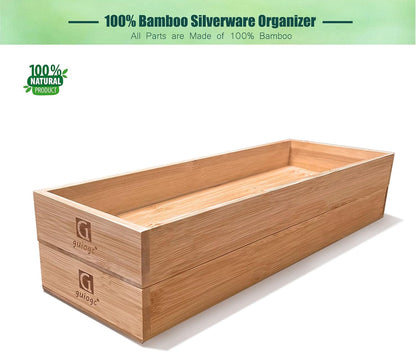 Silverware Drawer Organizer, Utensil Organizer, Bamboo Storage Box Wood Tray for Drawer Set of 2