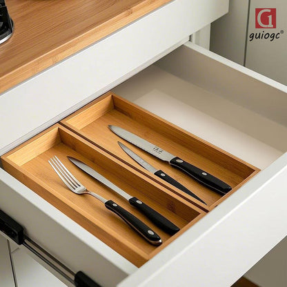 Silverware Drawer Organizer, Utensil Organizer, Bamboo Storage Box Wood Tray for Drawer Set of 2