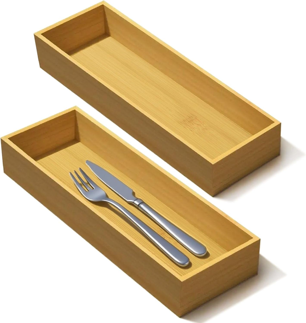 Silverware Drawer Organizer, Utensil Organizer, Bamboo Storage Box Wood Tray for Drawer Set of 2