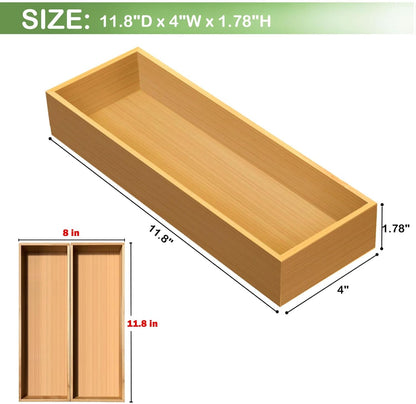 Silverware Drawer Organizer, Utensil Organizer, Bamboo Storage Box Wood Tray for Drawer Set of 2