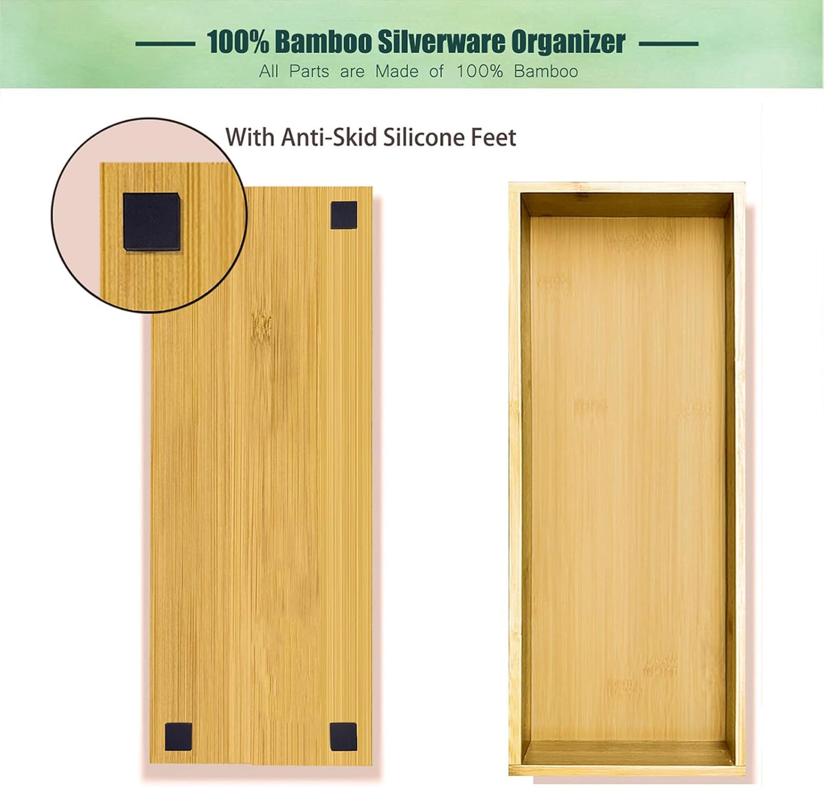 Silverware Drawer Organizer, Utensil Organizer, Bamboo Storage Box Wood Tray for Drawer Set of 2