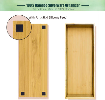 Silverware Drawer Organizer, Utensil Organizer, Bamboo Storage Box Wood Tray for Drawer Set of 2