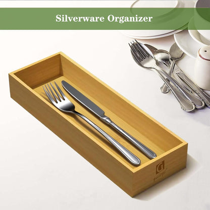 Silverware Drawer Organizer, Utensil Organizer, Bamboo Storage Box Wood Tray for Drawer Set of 2