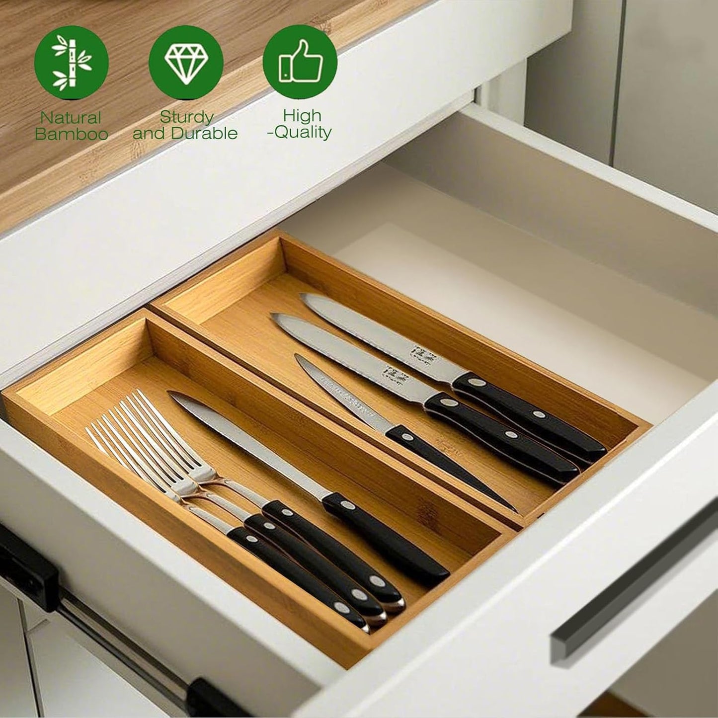 Silverware Drawer Organizer, Utensil Organizer, Bamboo Storage Box Wood Tray for Drawer Set of 2