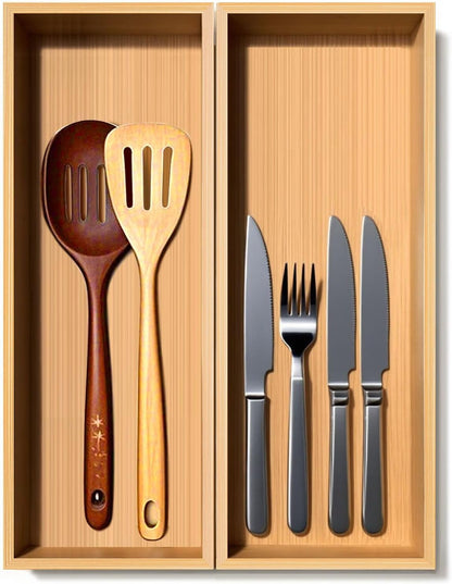 Silverware Drawer Organizer, Utensil Organizer, Bamboo Storage Box Wood Tray for Drawer Set of 2