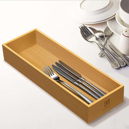 Silverware Drawer Organizer, Utensil Organizer, Bamboo Storage Box Wood Tray for Drawer Set of 2