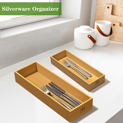 Silverware Drawer Organizer, Utensil Organizer, Bamboo Storage Box Wood Tray for Drawer Set of 2