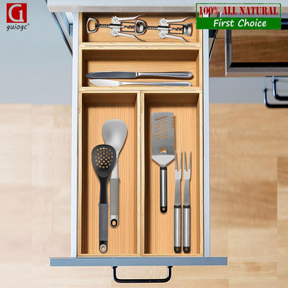 Silverware Drawer Organizer, Utensil Organizer, Bamboo Storage Box Wood Tray for Drawer Set of 2