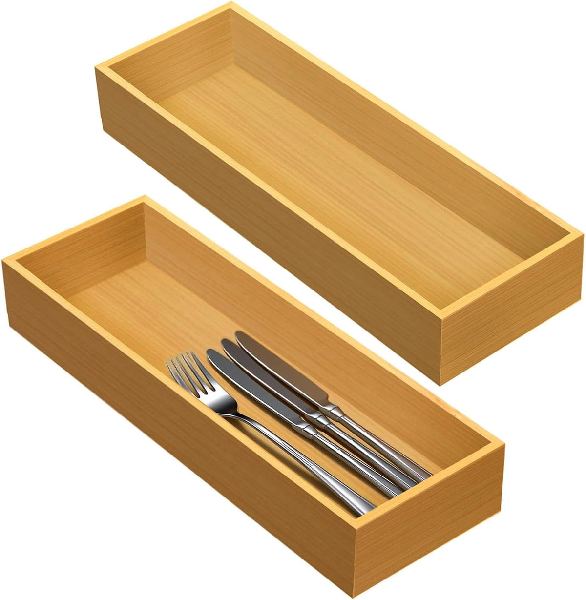 Silverware Drawer Organizer, Utensil Organizer, Bamboo Storage Box Wood Tray for Drawer Set of 2