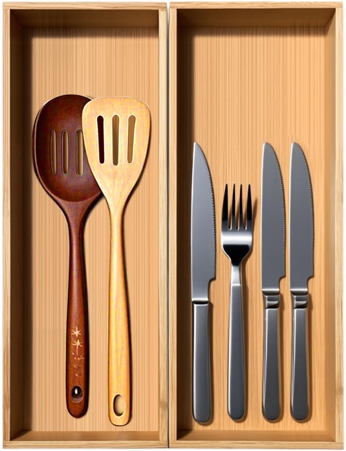 Silverware Drawer Organizer, Utensil Organizer, Bamboo Storage Box Wood Tray for Drawer Set of 2