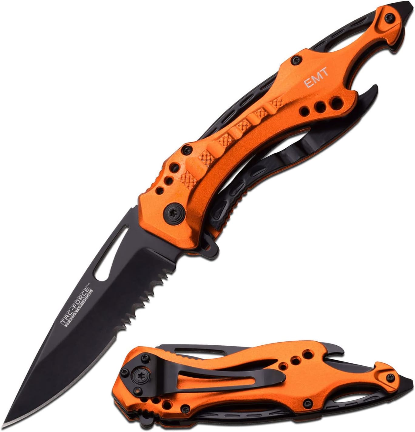 Folding Pocket Knife, 3.25-inch Serrated Blade, Orange Aluminum Handle, 7.75-inch Overall Length TF-705EM