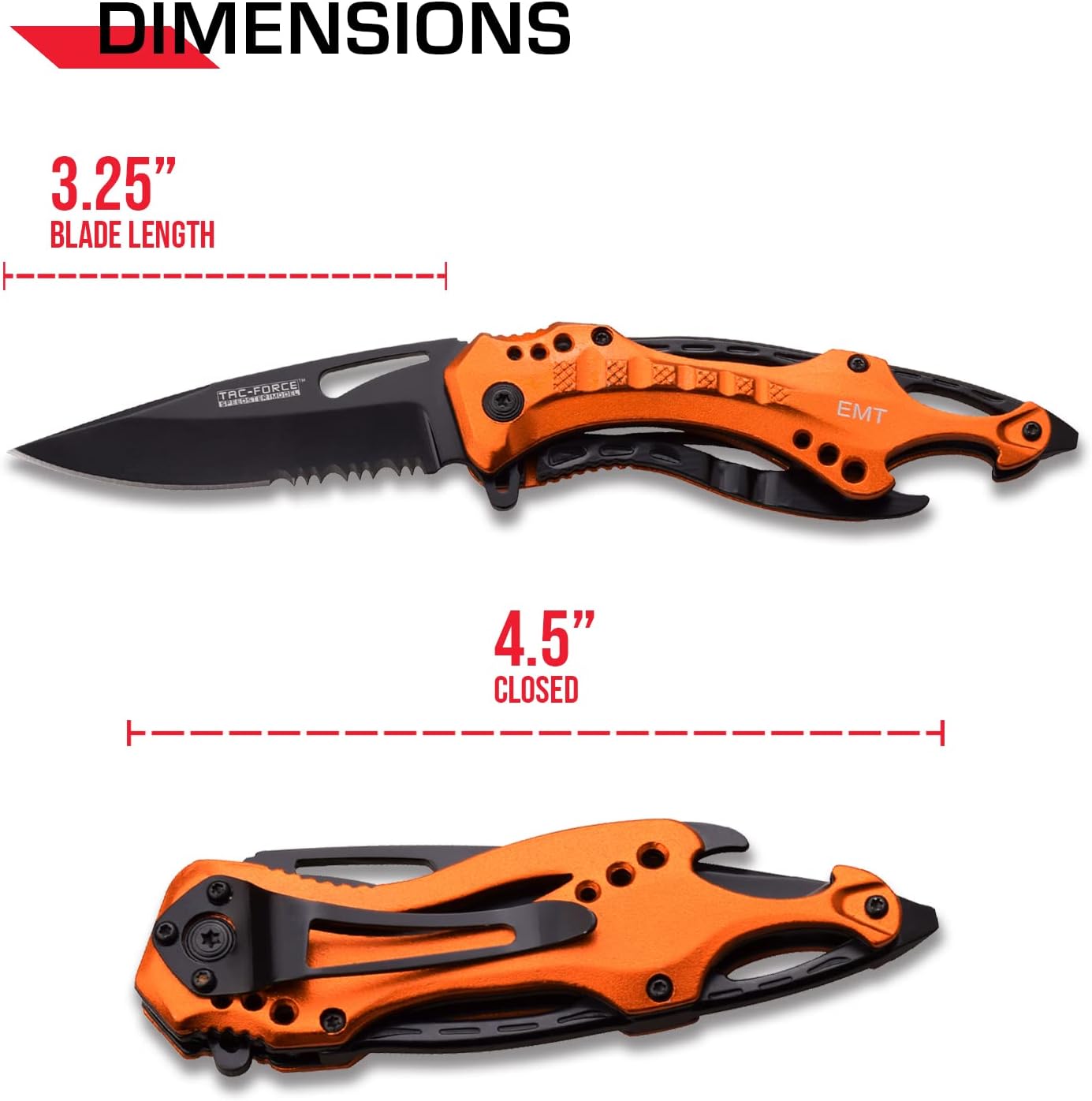 Folding Pocket Knife, 3.25-inch Serrated Blade, Orange Aluminum Handle, 7.75-inch Overall Length TF-705EM