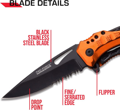 Folding Pocket Knife, 3.25-inch Serrated Blade, Orange Aluminum Handle, 7.75-inch Overall Length TF-705EM