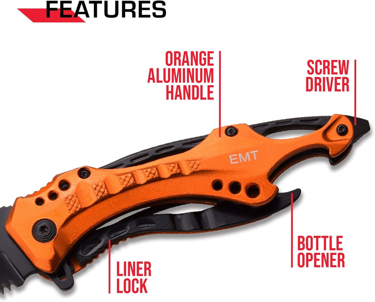 Folding Pocket Knife, 3.25-inch Serrated Blade, Orange Aluminum Handle, 7.75-inch Overall Length TF-705EM