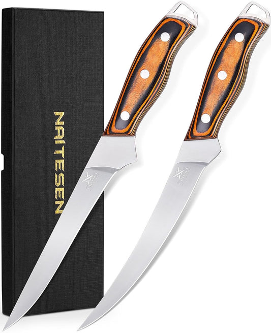 Professional Boning Knife and Fillet Knife Set 2 with Gift Box | Super Sharp Outstanding Flexibility 10Cr18Mov High Carbon Steel Full Tang Wooden Handle for Fish Meat Poultry Cutting